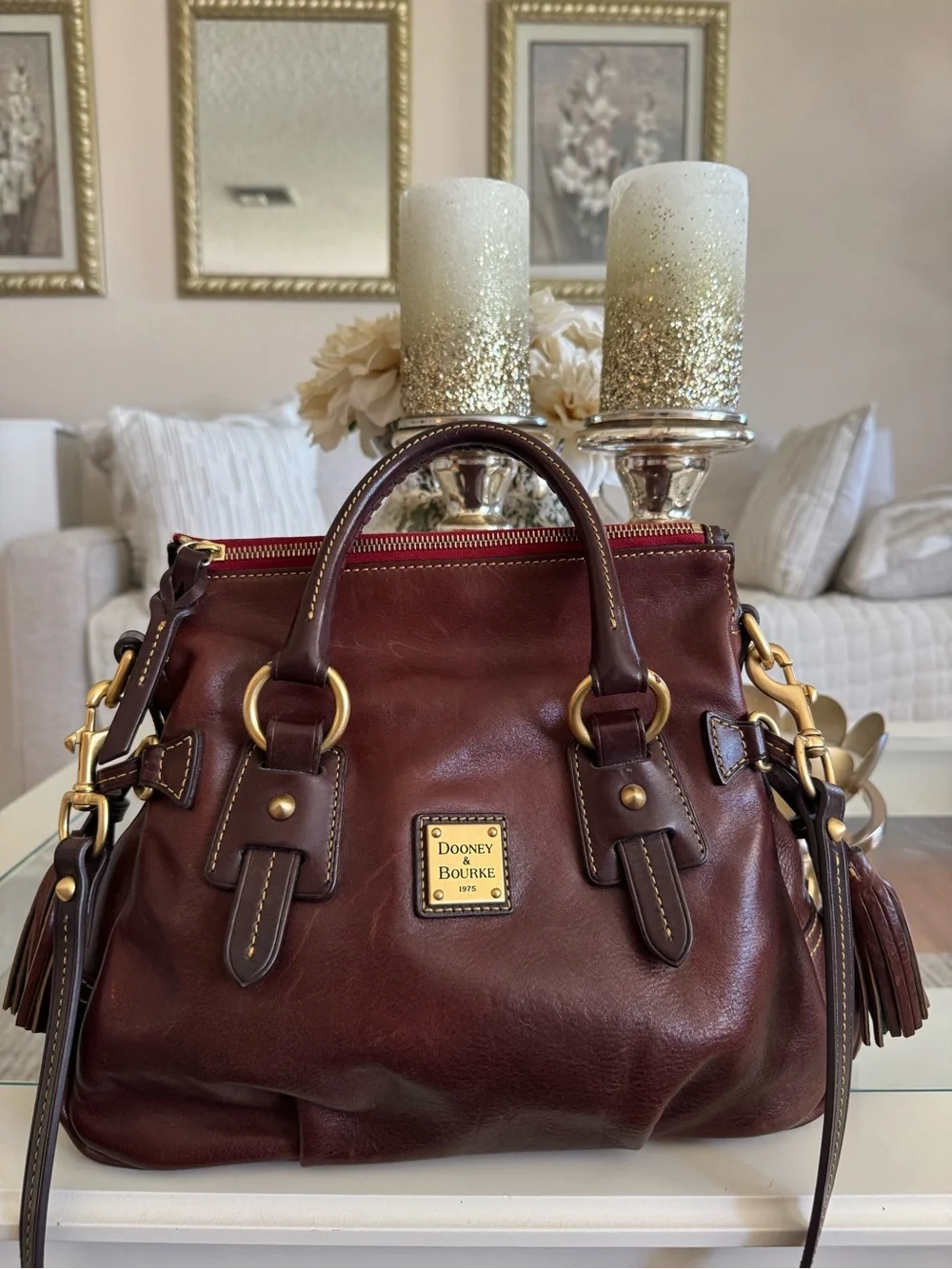 Dooney & Bourke Deep Burgundy Leather Satchel with Gold Hardware